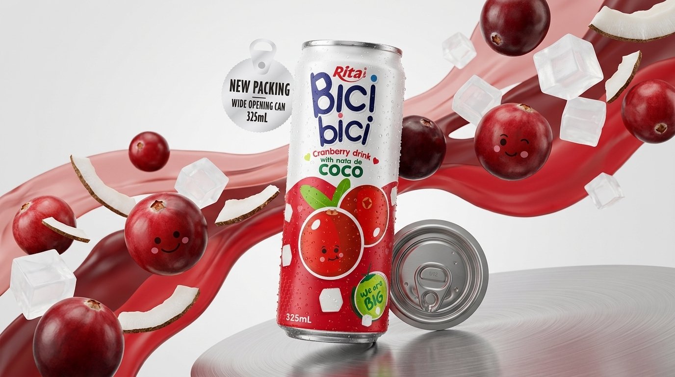 Cranberry drink with nata de coco for the UK market