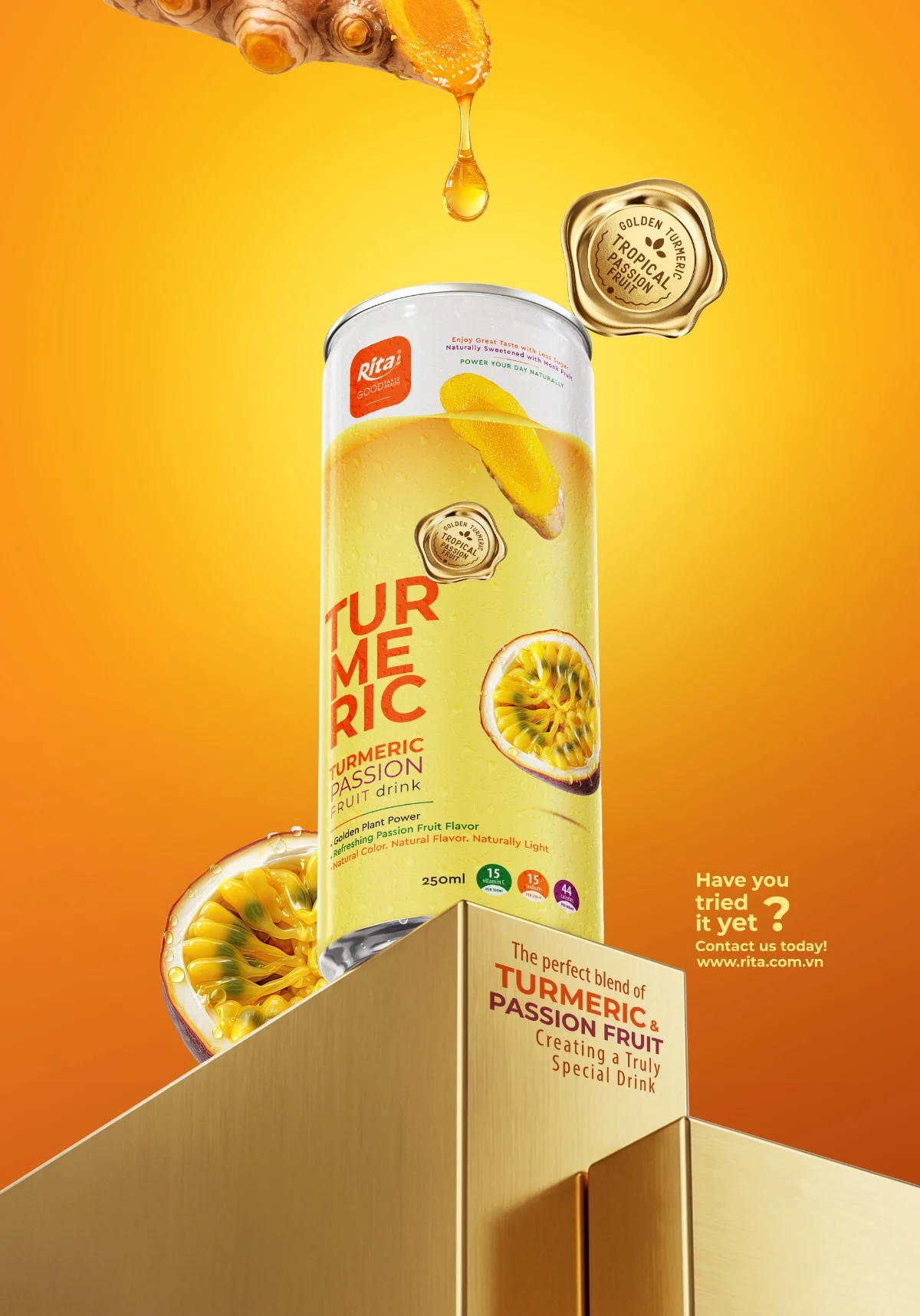 RITA Less Sugar Turmeric Passion Fruit Drink 250ml Slim Can Poster 1
