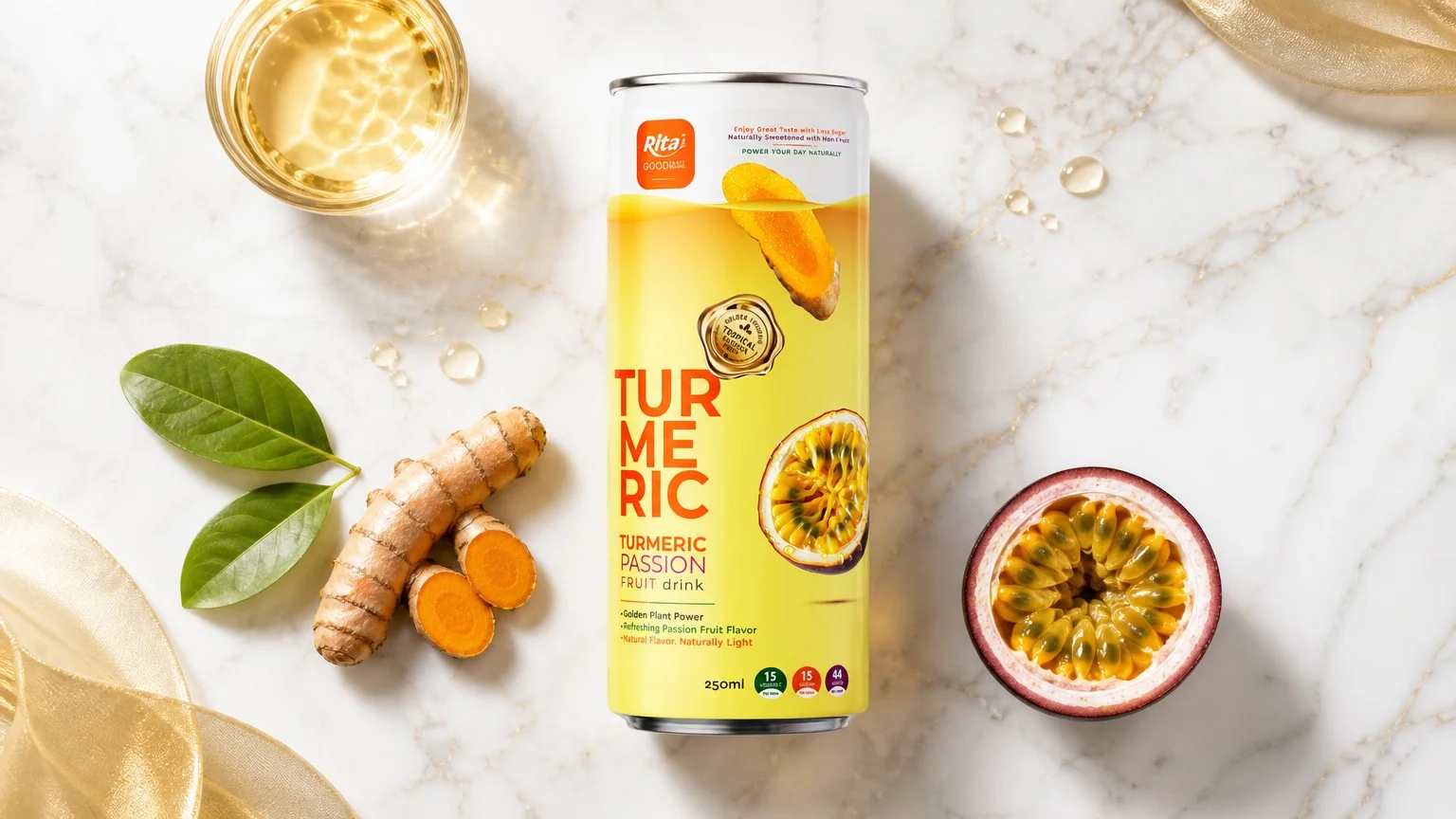 RITA Less Sugar Turmeric Passion Fruit Drink 250ml Slim Can Poster 2