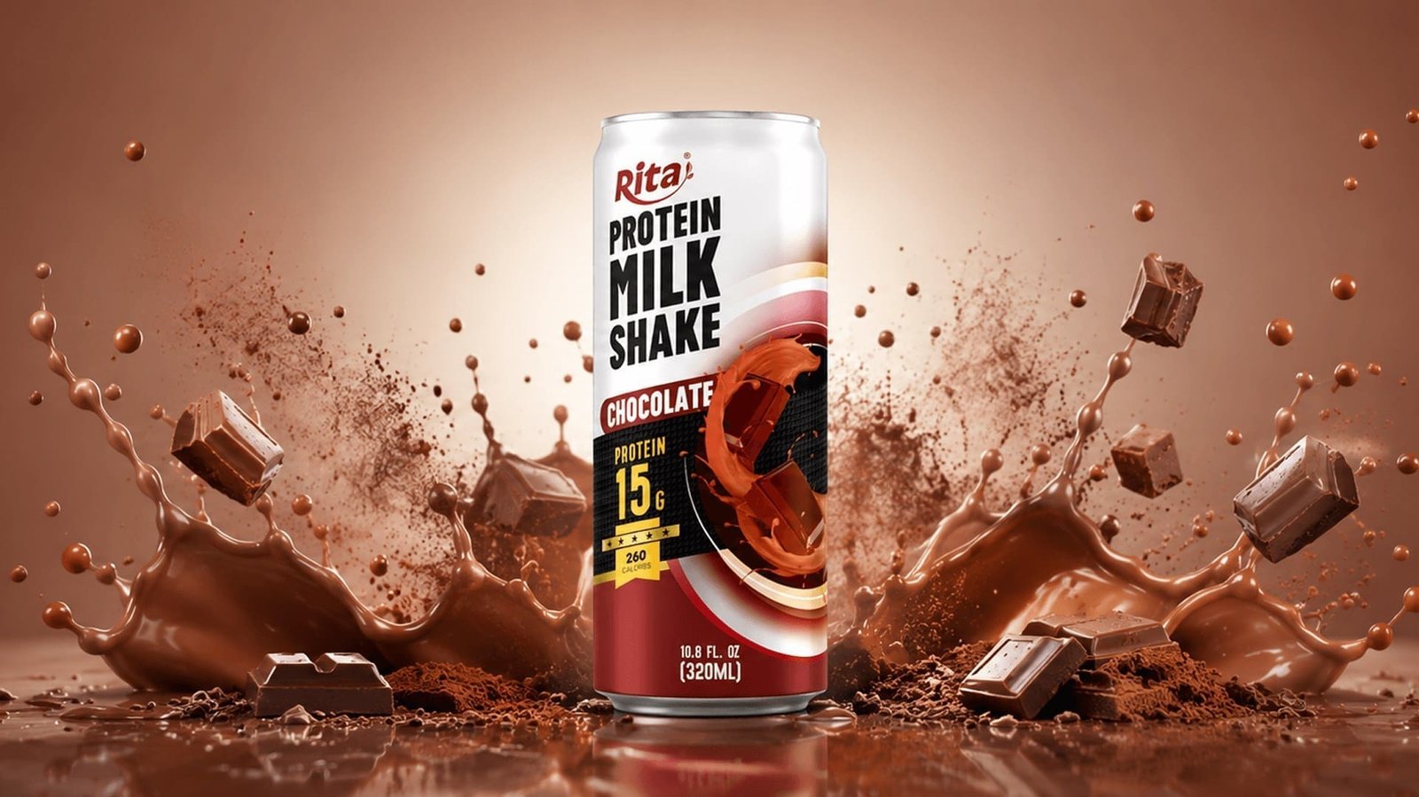 Rita Protein Milkshake Chocolate Flavour Rich Cocoa High Protein Drink 320ml Sleek Can