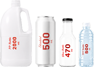 RITA packaging formats: PP bottle, aluminium can, glass bottle and PET bottle