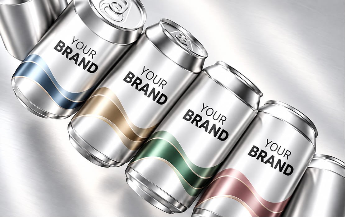 Aluminium cans printed with a “Your Brand” label